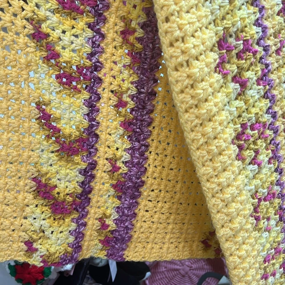 82” x 45” Hand Knit Throw Blanket Soft Yellow Purple